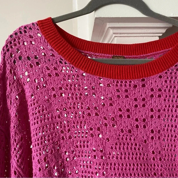FREE PEOPLE ‘Home Run’ Pink and Red Crochet Sweater with Balloon Sleeves - Picture 2 of 6